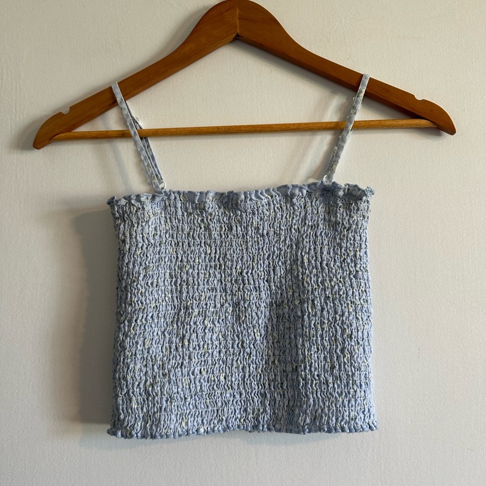Brandy Melville Light Blue Floral Smocked Cropped Tank Top Size Small EUC